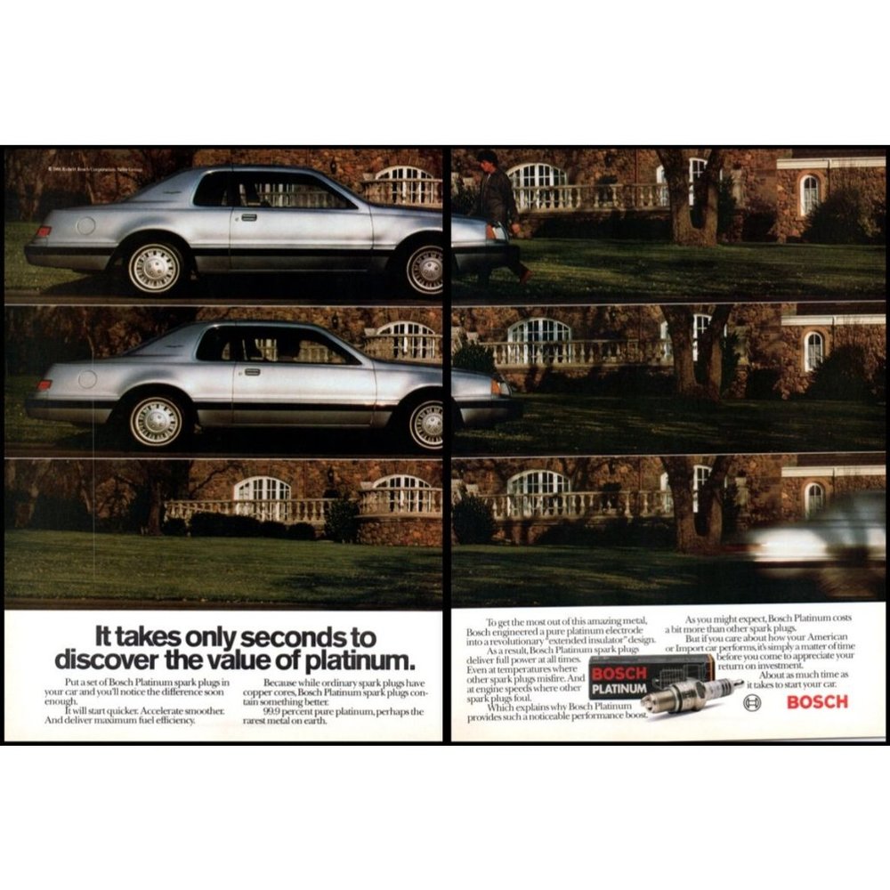 1986 Bosch Platinum Spark Plugs Ford Thunderbird 2 Page Vintage Print Ad Photo